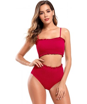 Women's Bathing Suit Shirred Bandeau Bikini High Waist Two Piece Swimsuits - Cherry Red - CN190MNGE3W $34.48-Sets