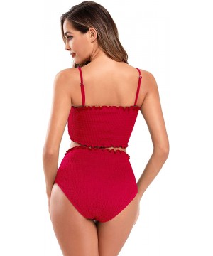 Women's Bathing Suit Shirred Bandeau Bikini High Waist Two Piece Swimsuits - Cherry Red - CN190MNGE3W $34.48-Sets