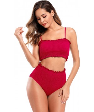 Women's Bathing Suit Shirred Bandeau Bikini High Waist Two Piece Swimsuits - Cherry Red - CN190MNGE3W $34.48-Sets