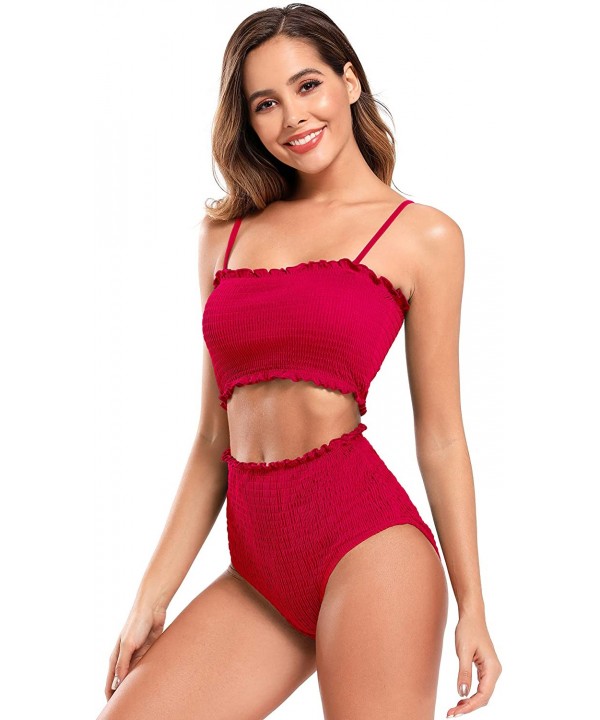 Women's Bathing Suit Shirred Bandeau Bikini High Waist Two Piece Swimsuits - Cherry Red - CN190MNGE3W $34.48-Sets