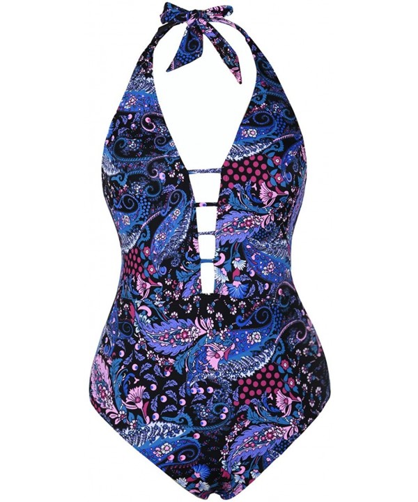 Women's Lace Up One Piece Swimsuit Halter Bikini High Waisted Swimwear - Blue Leaves - CI18DLW3SG7 $28.62-Racing