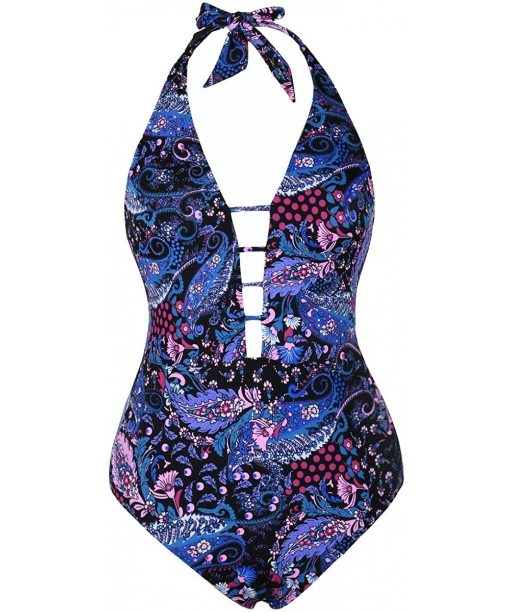 Women's Lace Up One Piece Swimsuit Halter Bikini High Waisted Swimwear - Blue Leaves - CI18DLW3SG7 $28.62-Racing