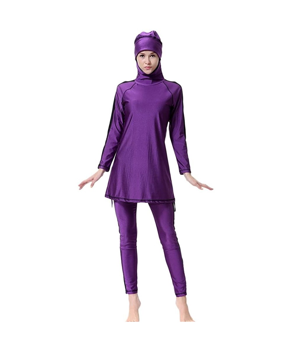 Womens Muslim Islamic Full Cover Burkini Sun Protection Swimsuit with Hijab - Purple - C018GLM2AL4 $22.11-Tankinis