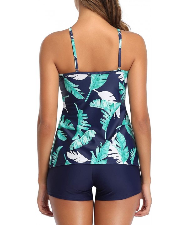 Women Tankini Swimsuits 2 Piece Flounce Printed Top with Boyshorts Bathing Suits - Blue Leaf - C018ZGR8ZLI $25.60-Tankinis