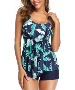 Women Tankini Swimsuits 2 Piece Flounce Printed Top with Boyshorts Bathing Suits - Blue Leaf - C018ZGR8ZLI $25.60-Tankinis