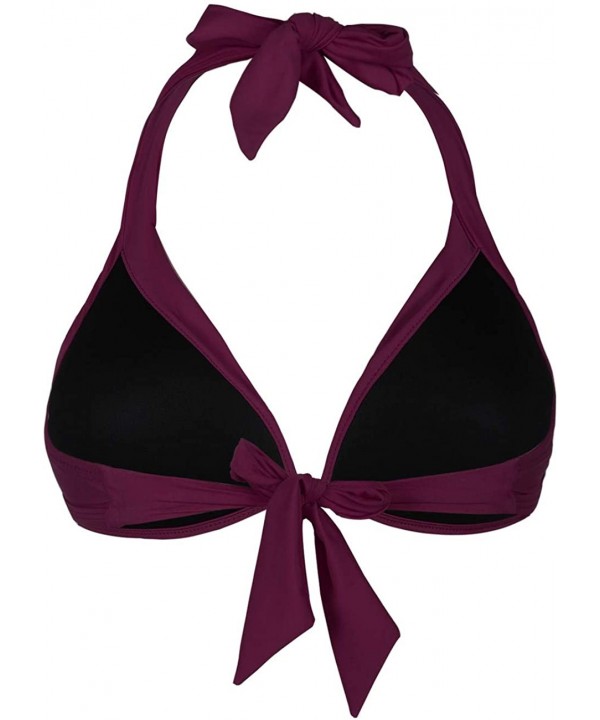 Women's Push Up Halter Bikini Top Ruched Swim Top Bra Size Triangle Bikini Top Swimwear - Burgundy - C918O80HY04 $14.48-Tops