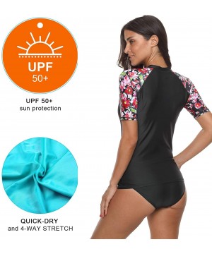 Women's Rash Guard Short Sleeve Rashguard Sun Protection Shirt UPF 50+ - Black-floral - C818ED4UYK5 $21.93-Rash Guards