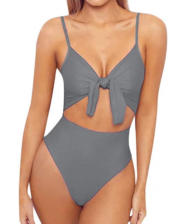 One Piece Swimsuits for Women Spaghetti Strap Tie Knot Front Cutout High Cut Swim Suit Sexy Bathing Suits Ulanda - A1 Gray - ...