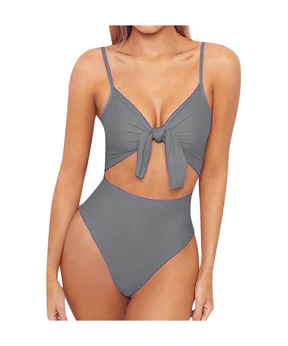 One Piece Swimsuits for Women Spaghetti Strap Tie Knot Front Cutout High Cut Swim Suit Sexy Bathing Suits Ulanda - A1 Gray - ...