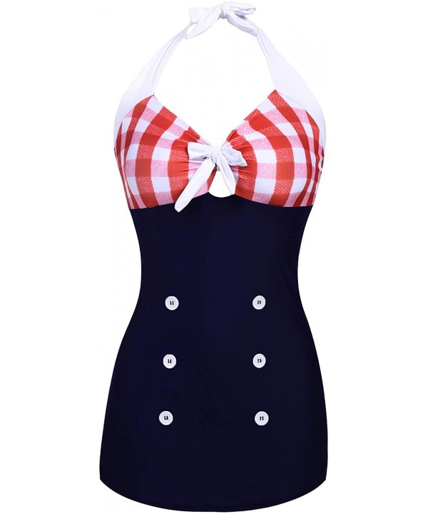 Womens Vintage Striped One Piece Swimsuit Monokini Bathing Suit Boyshort Swimwear - Red Plaid - CU18R0MHAT4 $27.97-One-Pieces