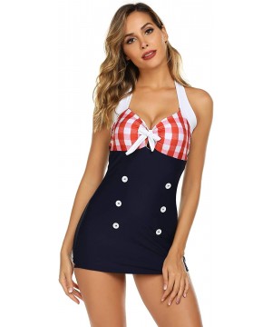 Womens Vintage Striped One Piece Swimsuit Monokini Bathing Suit Boyshort Swimwear - Red Plaid - CU18R0MHAT4 $27.97-One-Pieces