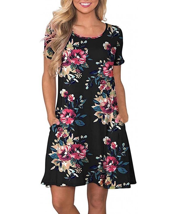 Dresses for Women Work Casual Summer Casual Floral Print T Shirt Dresses Short Sleeve Swing Dress with Pockets Black - CL195X...