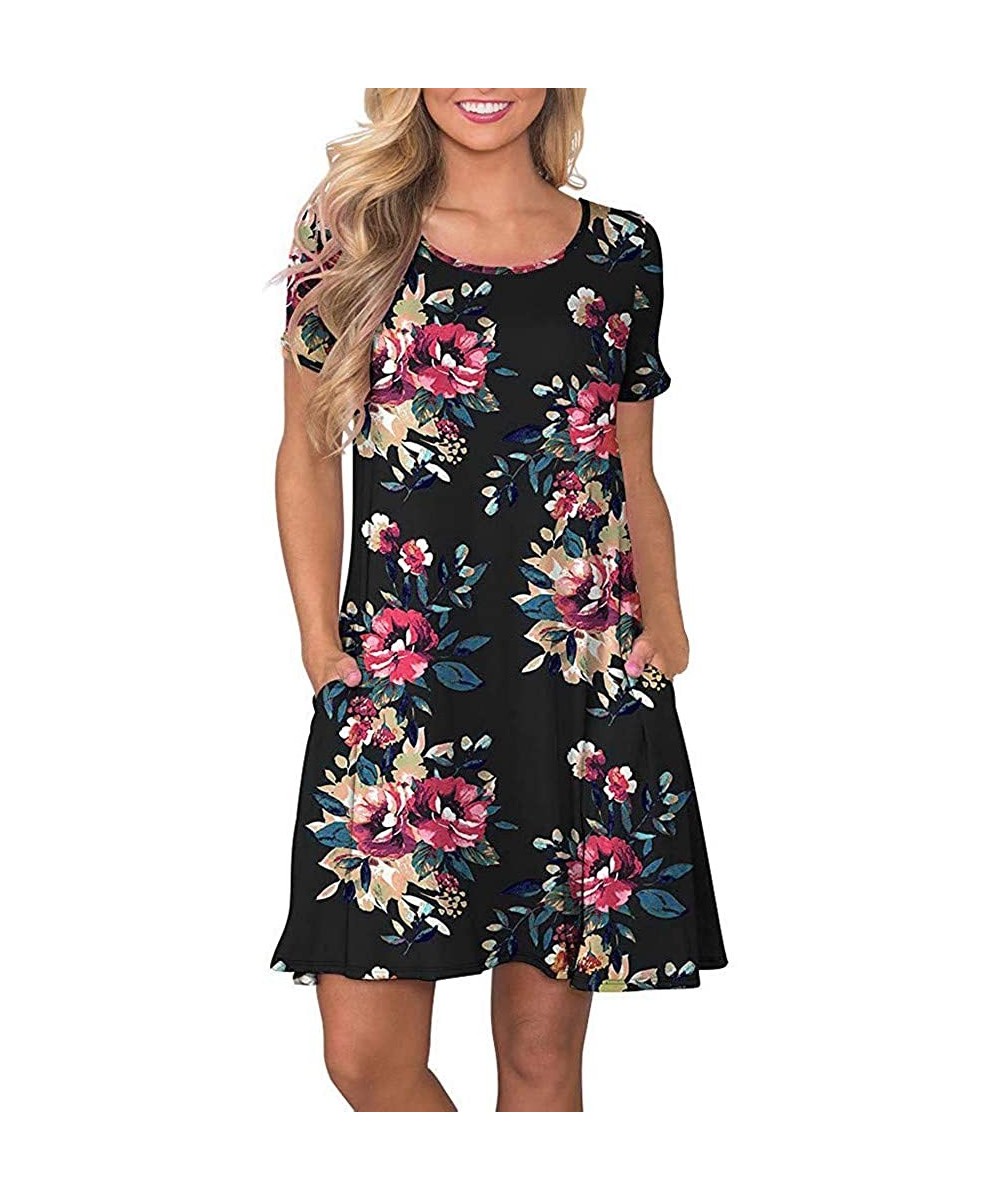 Dresses for Women Work Casual Summer Casual Floral Print T Shirt Dresses Short Sleeve Swing Dress with Pockets Black - CL195X...