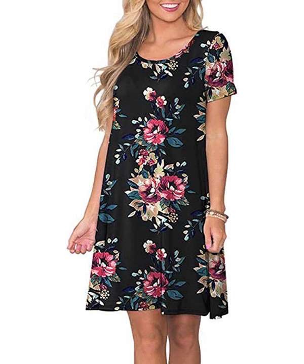 Dresses for Women Work Casual Summer Casual Floral Print T Shirt Dresses Short Sleeve Swing Dress with Pockets Black - CL195X...