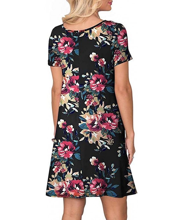 Dresses for Women Work Casual Summer Casual Floral Print T Shirt Dresses Short Sleeve Swing Dress with Pockets Black - CL195X...