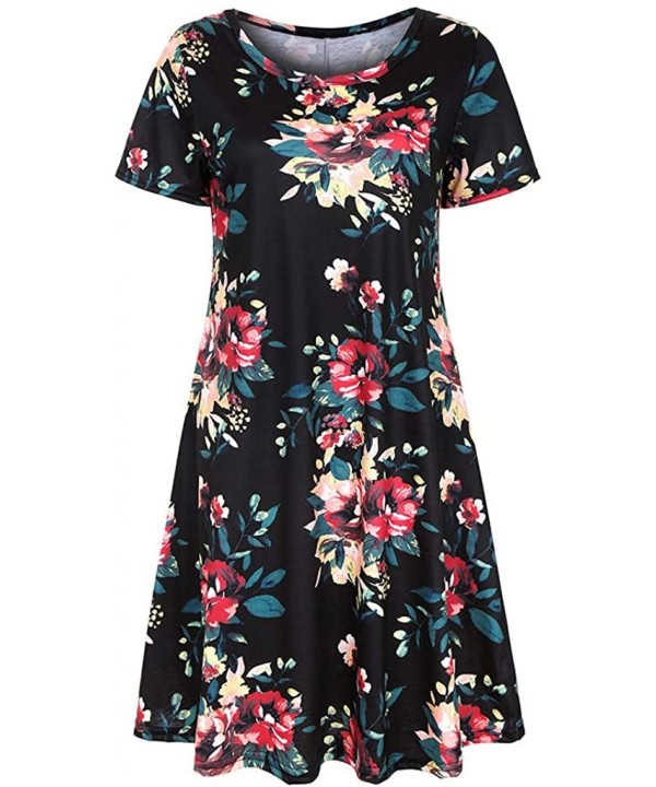 Dresses for Women Work Casual Summer Casual Floral Print T Shirt Dresses Short Sleeve Swing Dress with Pockets Black - CL195X...