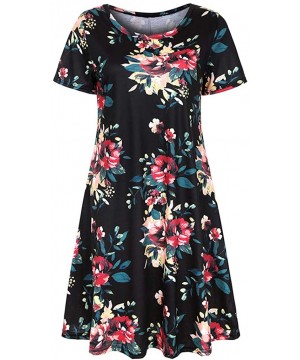 Dresses for Women Work Casual Summer Casual Floral Print T Shirt Dresses Short Sleeve Swing Dress with Pockets Black - CL195X...