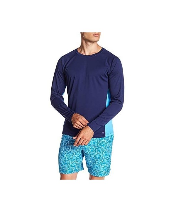 Men's UPF 50+ Swim Shirt - Long Sleeve Quick Dry Rashguard - Turq / Navy Color Block Panel - C81874YK9WU $13.49-Rash Guards