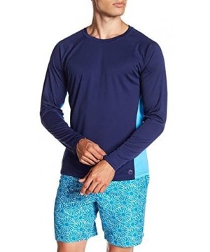 Men's UPF 50+ Swim Shirt - Long Sleeve Quick Dry Rashguard - Turq / Navy Color Block Panel - C81874YK9WU $13.49-Rash Guards