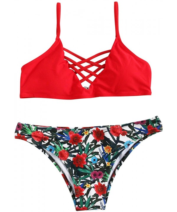 Women's Bathing Suit Adjustable Spaghetti Strap Floral Print Criss Cross Bikini Set - 0red - C518RI6YEOQ $22.46-Sets