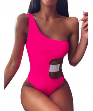 Women's One Shoulder One Piece Swimsuits Sexy Cutout High Waisted Bathing Suits Monokinis Tummy Control Swimwear - 01 Hot Pin...