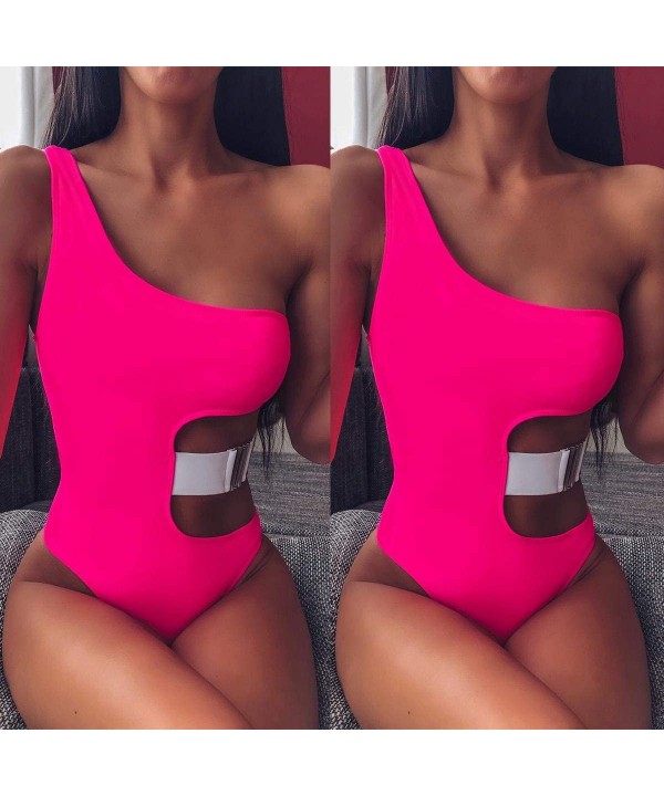 Women's One Shoulder One Piece Swimsuits Sexy Cutout High Waisted Bathing Suits Monokinis Tummy Control Swimwear - 01 Hot Pin...