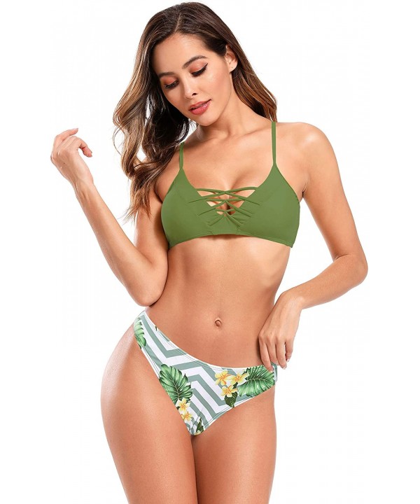 Women's Floral Print Swim Bottom Cutout Spaghetti Strap Halter Top Two Piece Strappy Bikini Swimsuit Olive Green D - CB18A9RX...