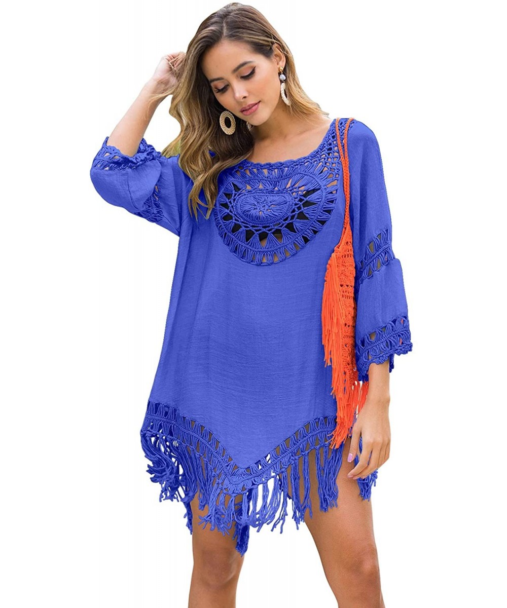 Women's 3/4 Sleeve Hollow Out Crotch Tassel Irregular Smock Beach Cover Up - Blue - CP19DW0MTTW $21.57-Cover-Ups