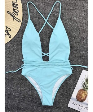 Womens Sexy Deep V Neck High Waist Multi-Way Bandage One Piece Swimsuits Swimwear - Light Blue - C118RTT5NGN $15.81-Sets