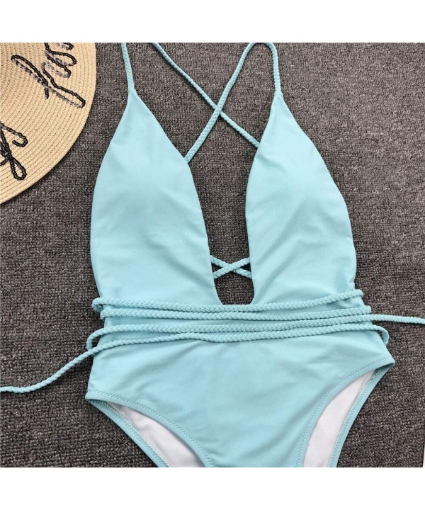 Womens Sexy Deep V Neck High Waist Multi-Way Bandage One Piece Swimsuits Swimwear - Light Blue - C118RTT5NGN $15.81-Sets