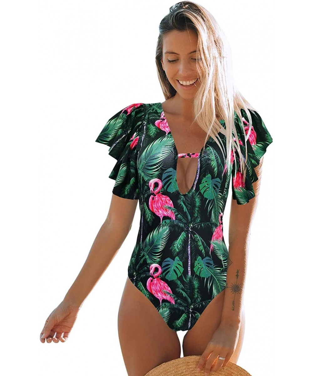 One Piece Flounce Swimsuit Ladies Ruffle Deep V Neck Floral Print Plunging Bathing Suit Monokini - Print9 - CU198CW7EIG $28.4...