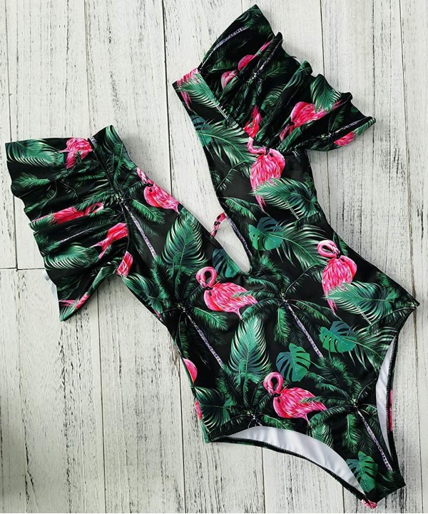 One Piece Flounce Swimsuit Ladies Ruffle Deep V Neck Floral Print Plunging Bathing Suit Monokini - Print9 - CU198CW7EIG $28.4...