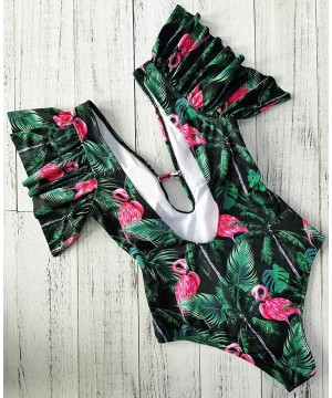 One Piece Flounce Swimsuit Ladies Ruffle Deep V Neck Floral Print Plunging Bathing Suit Monokini - Print9 - CU198CW7EIG $28.4...