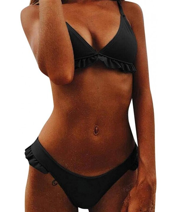 Women Two Pieces High Waisted Ruffle Bikini Set V Neck Solid Swimwear Sexy Swimsuit Beachwear Bathing Suits Black - CH193R2GX...