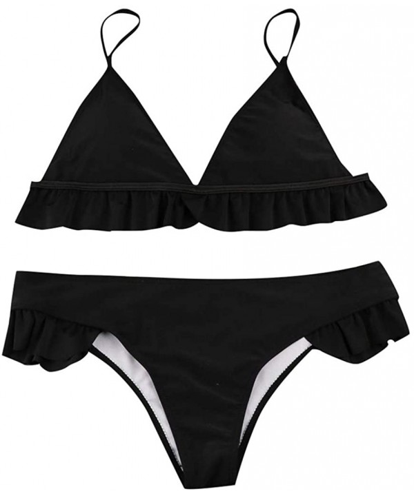 Women Two Pieces High Waisted Ruffle Bikini Set V Neck Solid Swimwear Sexy Swimsuit Beachwear Bathing Suits Black - CH193R2GX...