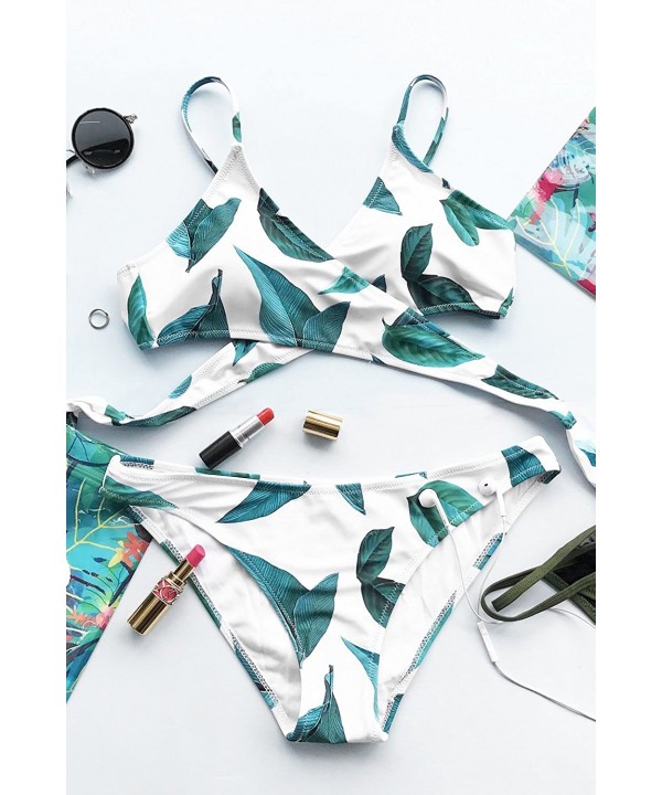 Women's Leaves Print Cross Bikini Back Tie Two Piece Straps Swimsuit - Green - CS12NA6T9CN $25.04-Sets