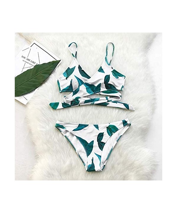 Women's Leaves Print Cross Bikini Back Tie Two Piece Straps Swimsuit - Green - CS12NA6T9CN $25.04-Sets