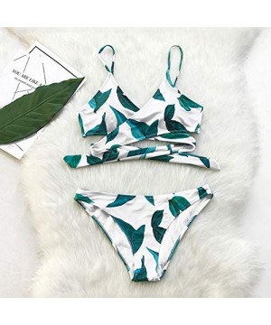 Women's Leaves Print Cross Bikini Back Tie Two Piece Straps Swimsuit - Green - CS12NA6T9CN $25.04-Sets