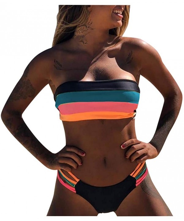 Colored Stripe Bandeau Bikini Set for Women Beachwear Swimwear - Blue - CV1962DHQXW $12.89-Sets