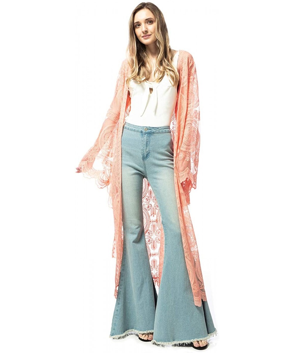 Women's Lace Embroidered Maxi Kimono Swimsuit Cover Up Waist Tie Cardigan - Pink - CM18TAT6U7M $35.86-Cover-Ups