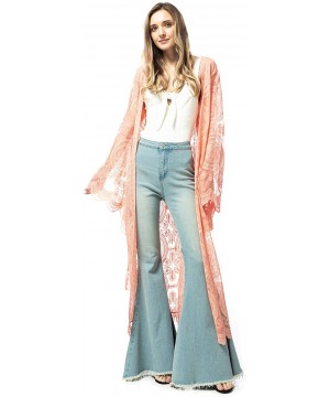 Women's Lace Embroidered Maxi Kimono Swimsuit Cover Up Waist Tie Cardigan - Pink - CM18TAT6U7M $35.86-Cover-Ups