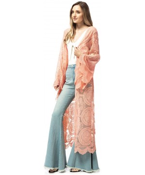 Women's Lace Embroidered Maxi Kimono Swimsuit Cover Up Waist Tie Cardigan - Pink - CM18TAT6U7M $35.86-Cover-Ups