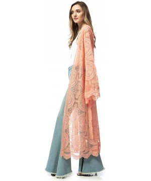 Women's Lace Embroidered Maxi Kimono Swimsuit Cover Up Waist Tie Cardigan - Pink - CM18TAT6U7M $35.86-Cover-Ups