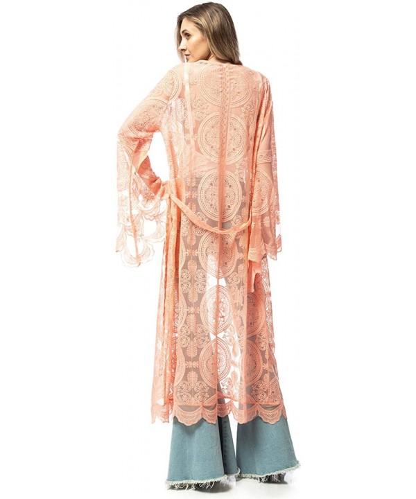 Women's Lace Embroidered Maxi Kimono Swimsuit Cover Up Waist Tie Cardigan - Pink - CM18TAT6U7M $35.86-Cover-Ups