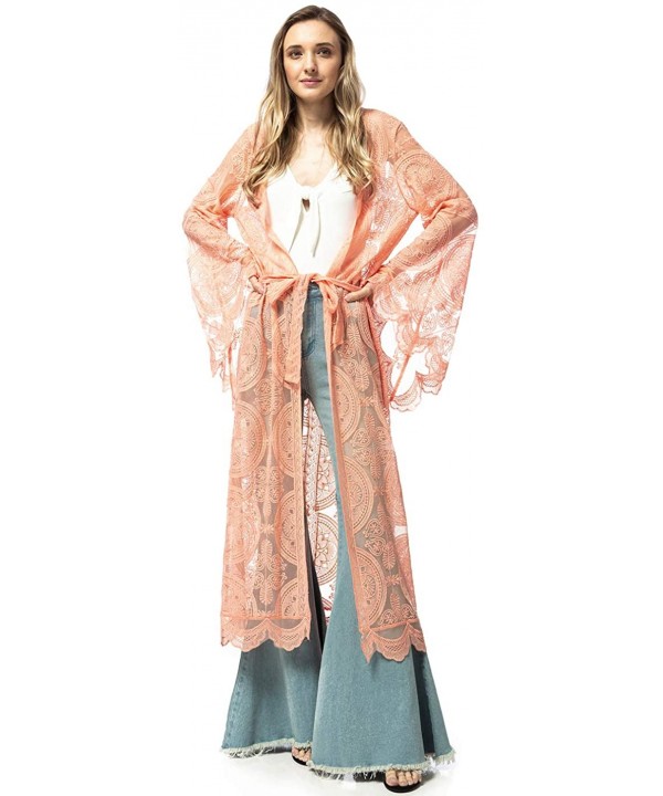 Women's Lace Embroidered Maxi Kimono Swimsuit Cover Up Waist Tie Cardigan - Pink - CM18TAT6U7M $35.86-Cover-Ups