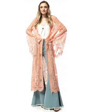 Women's Lace Embroidered Maxi Kimono Swimsuit Cover Up Waist Tie Cardigan - Pink - CM18TAT6U7M $35.86-Cover-Ups