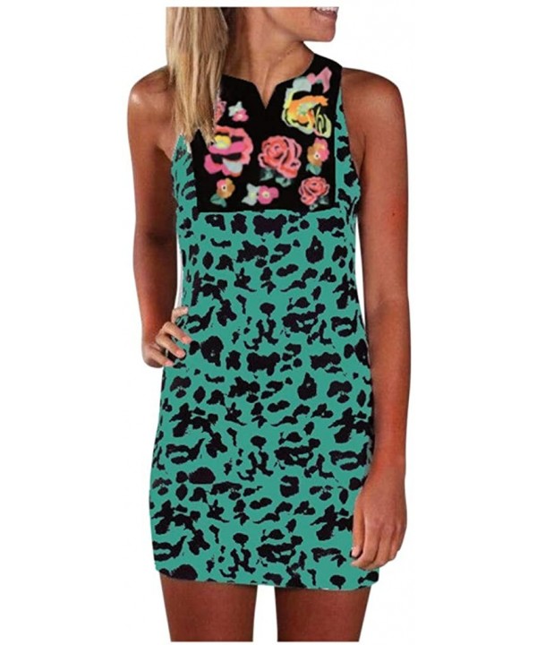 Women Dresses Women's Vintage Flower Leopard Print Summer Sleeveless Beach Short Dress T Shirt Mini Tank Dress 01 Green - CS1...