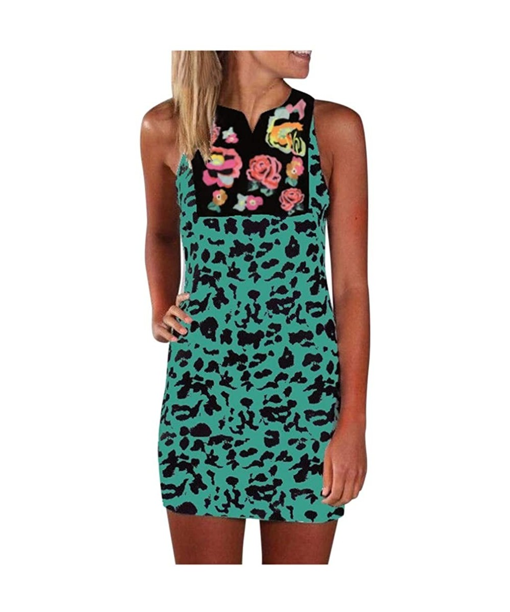 Women Dresses Women's Vintage Flower Leopard Print Summer Sleeveless Beach Short Dress T Shirt Mini Tank Dress 01 Green - CS1...