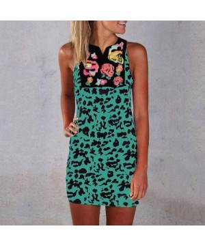 Women Dresses Women's Vintage Flower Leopard Print Summer Sleeveless Beach Short Dress T Shirt Mini Tank Dress 01 Green - CS1...