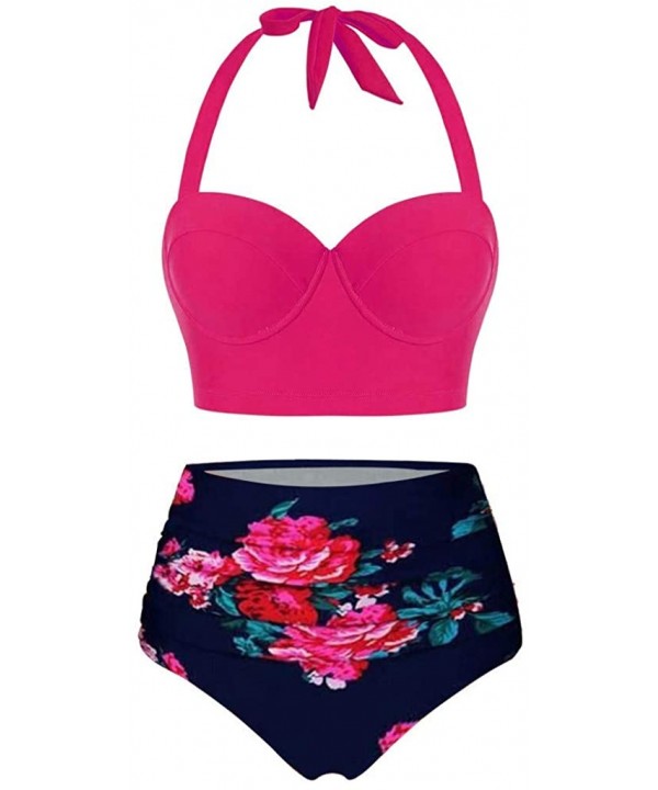 Women Floral Print Swimsuit Halter Crop Tops+High Waist Shorts Two Piece Swimwear Tankini for Ladies - Hot Pink - CW196MHDHZZ...